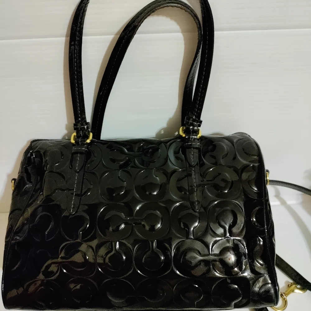 Coach Black Optic C Embossed Patent Leather Large Shoulder Crossbody Bag